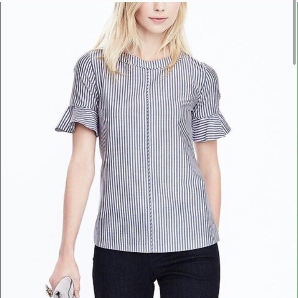 Banana Republic Blue and White Striped Ruffle-Sleeve Blouse